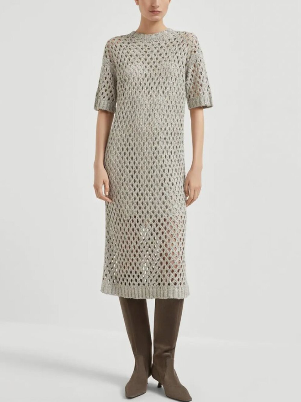$4350 NWD Brunello Cucinelli Beige Open Knit Sequin Midi Dress size Small